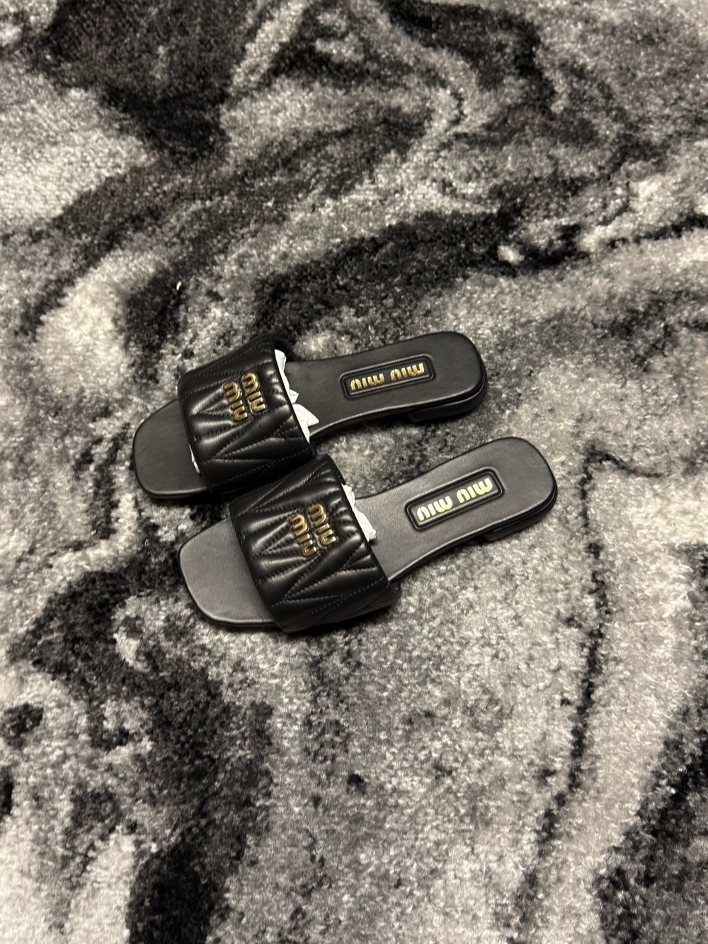 Miu Miu Matelassé Nappa Leather Slides Black and Gold Womens Size 7 or 8
